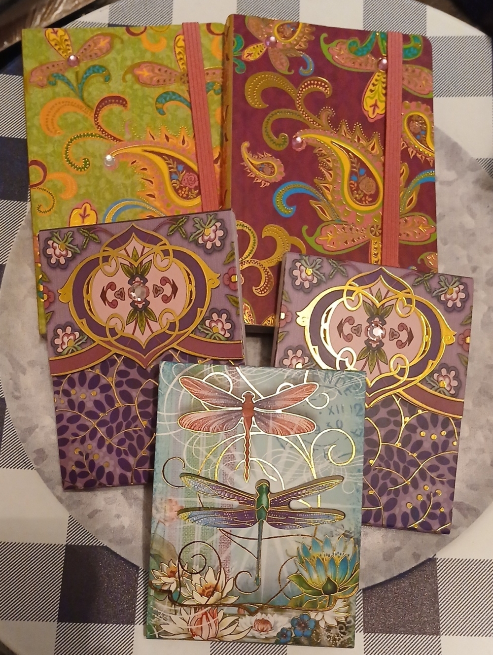 Punch Studio Purple Pink Green Gold Paisley & Dragonfly Decorative Notebooks Set